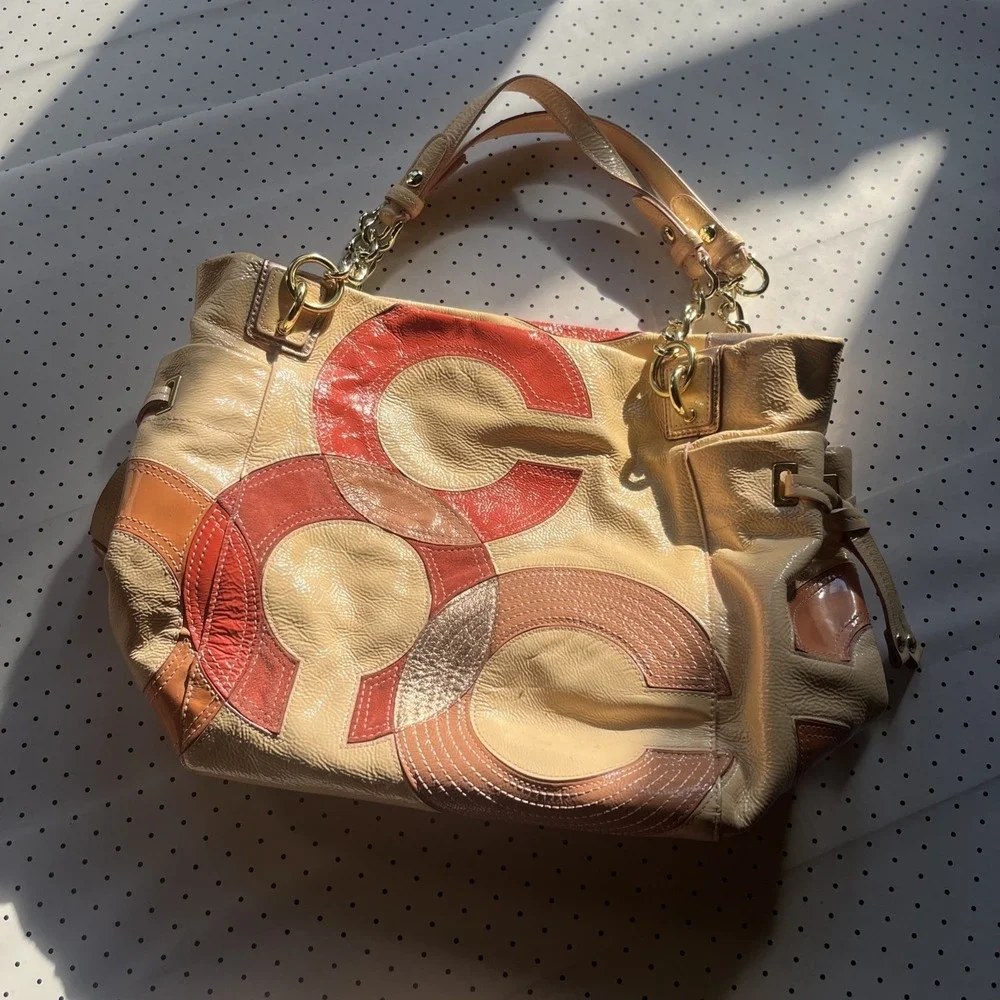 Y2K Coach Soho Leather Patchwork Hobo Shoulder Bag Cream Coral Pink Tan